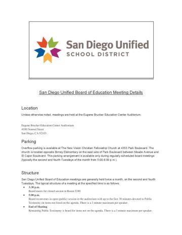 San Diego Unified Board of Education Meeting Details