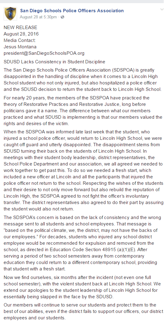 SDUSD Police Statement